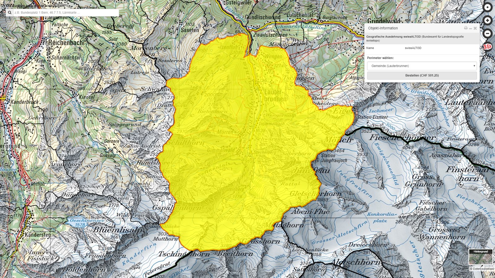 Perimeter der Gemeinde Lauterbrunnen auf der Landeskarte von swisstopo