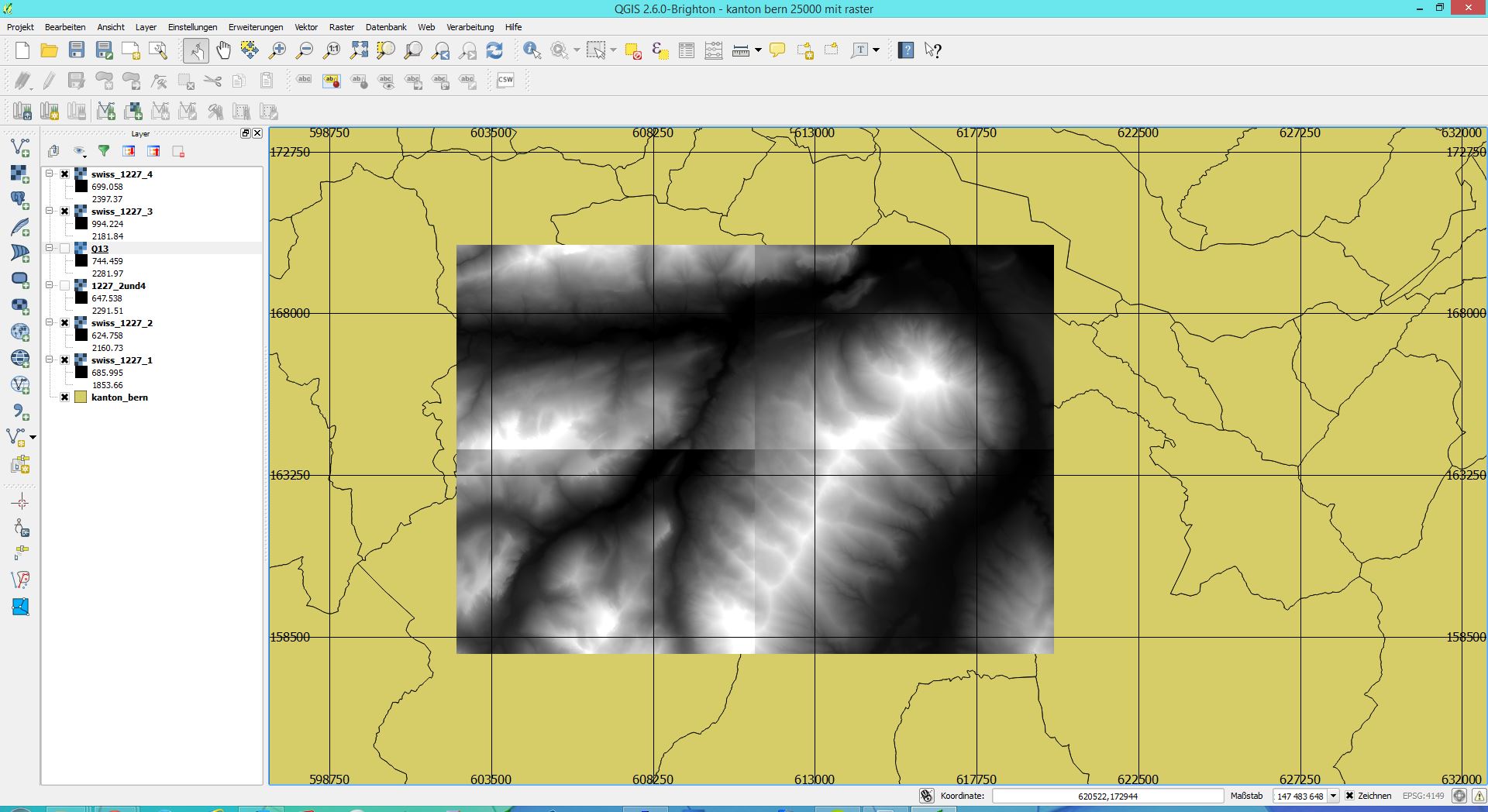 QGIS-Ansicht eines Höhendatensatzes im Kanton Bern