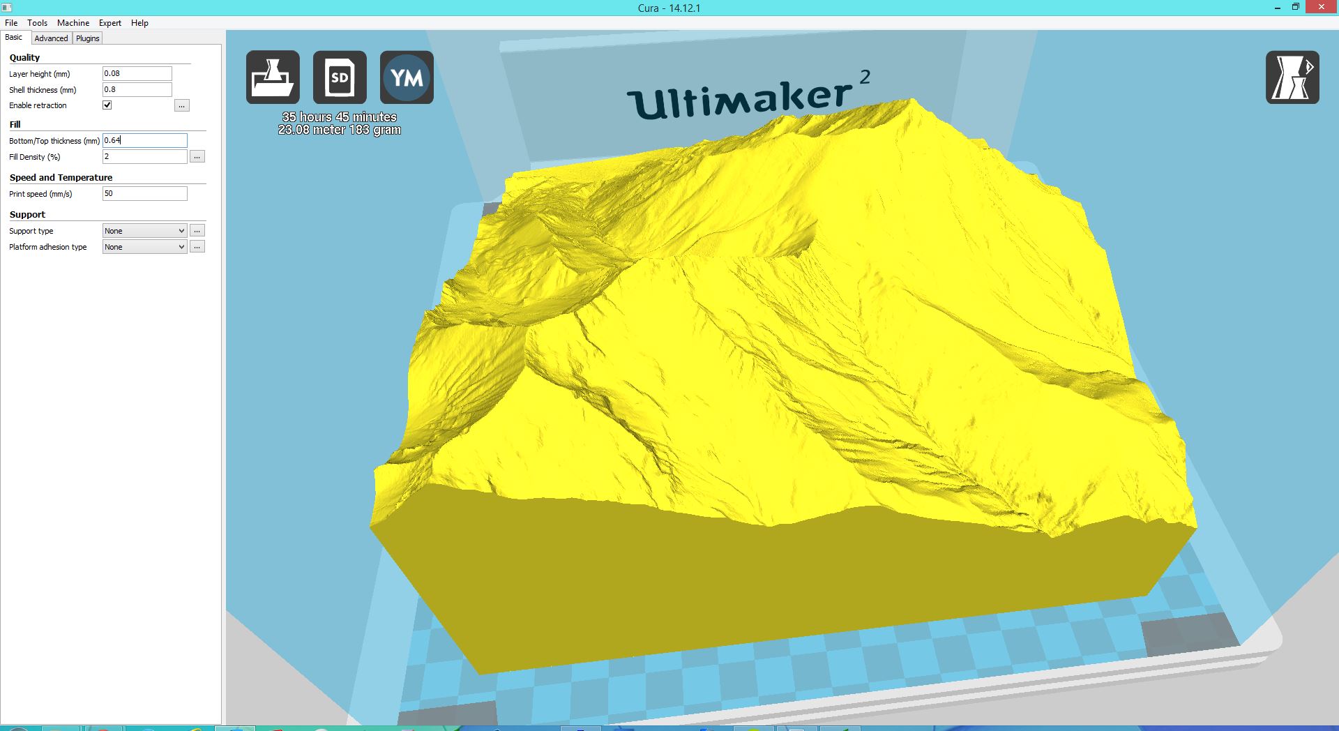 Sliced 3D-Modell in Cura mit Druckzeit- und Materialangaben