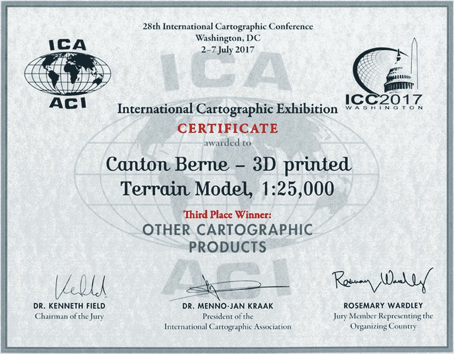Zertifikat: 3. Platz für das 3D-gedruckte Geländerelief Kanton Bern, Internationale Kartographie-Konferenz (ICC) Washington D.C. 2017